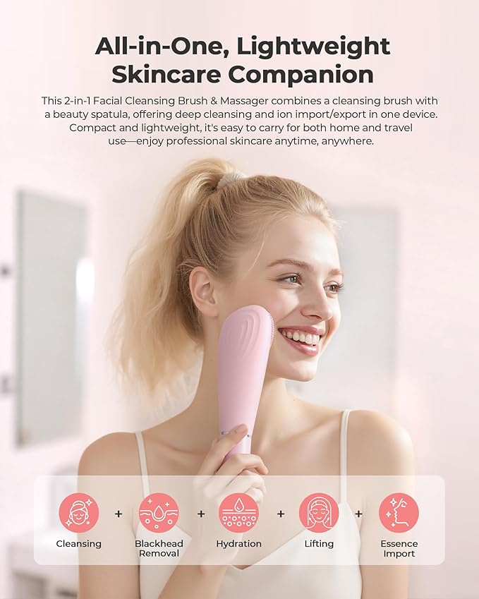 2 in 1 Facial Cleansing Brush & Massager, Facial Skin Scrubber Waterproof and Rechargeable Face Scrub for Deep Cleansing Vibrating Exfoliator Scrubber Skin Care with 7 Modes, Gentle Exfoliating - Pink