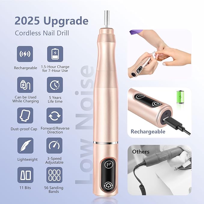Cordless Nail Drill Electric Rechargeable File Kit, Professional Efile Acrylic Gel Nail Polish Remover Pedicure Manicure Machine Portable Set with 11 Bits 56 Sanding Bands for Salon Home (Gold)