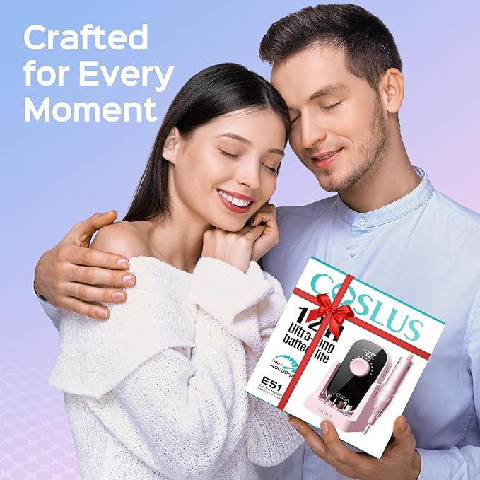 COSLUS Professional Rechargeable Electric Nail Drill 40000 RPM, Portable Nail File with Storage Stand for Acrylic Gel Polishing Removing - Easy to Use for Women, Manicure at Home DIY or Salon, Pink