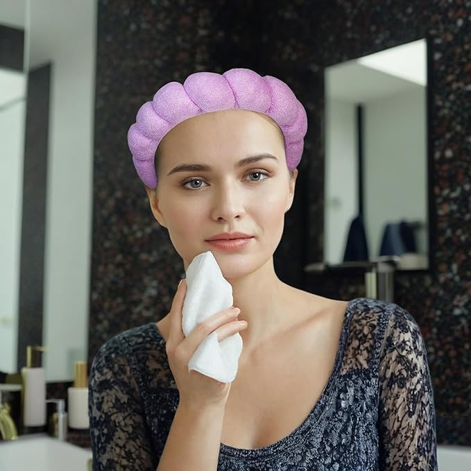 7 Pcs Spa Set, Facial Headband and Wristband Set, Skincare Accessories, College Style Girl Gift, Hair Accessories for Women and Girls (Purple)