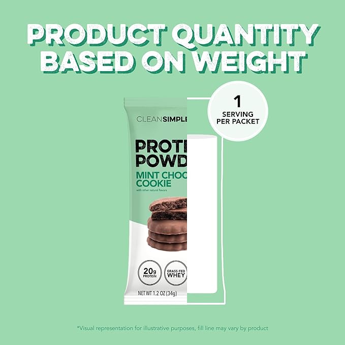 Clean Simple Eats Whey Protein Powder, Mint Chocolate Cookie Flavor, Naturally Sweetened, 100% Grass Fed Protein Powder with Digestive Enzymes, No Artificial Ingredients, Gluten Free, 10 Stick Packs
