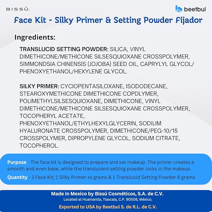 Beetbul Face Kit: Bissú Silky Primer (27.5 ml) & Setting Powder (8g) + Velvet Puff + 2 Finger Puffs + Makeup Sponge + Exfoliating Sponge