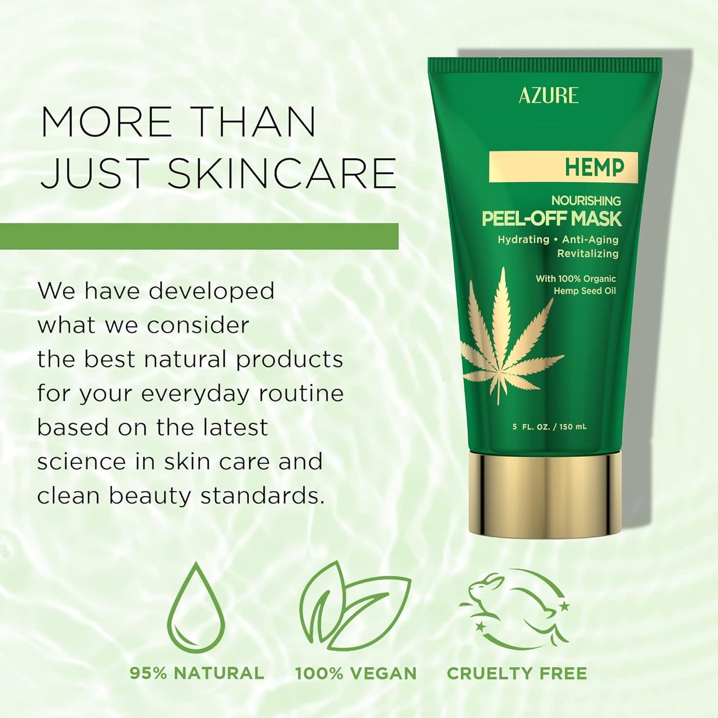 Azure Cosmetics Hemp Nourishing Peel Off Facial Mask- Anti Aging & Hydrating Face Masks - Removes Blackheads, Dirt & Oils - With Hemp Oil and Hyaluronic Acid - Skin Care - 150mL / 5 fl.oz.