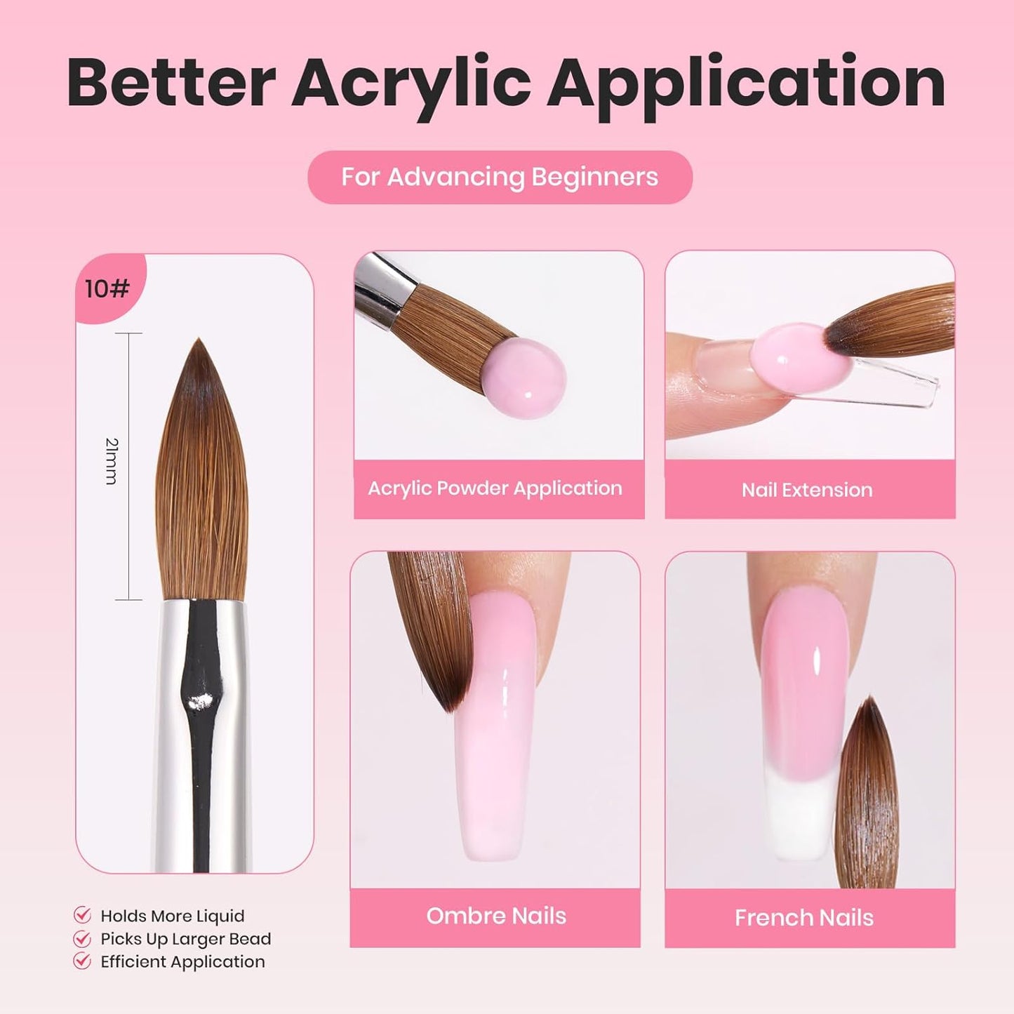 Beetles Acrylic Nail Brush Kolinsky Hair Bristles Round Shaped Metal Handle Nail Art Brushes for Manicure Extension Acrylic Powder DIY at Home Manicure Tool - Size 10