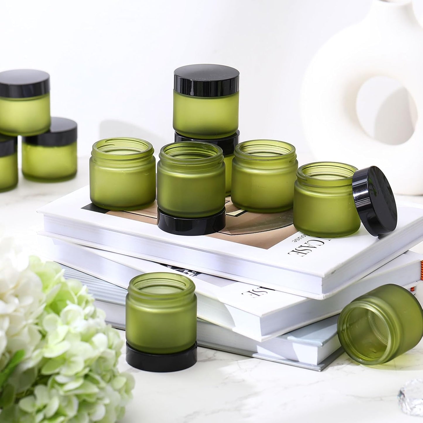 Domensi 72 Pcs 2 oz Glass Jars with Lids Travel Size Round Leakproof Empty Cosmetic Jars with Inner Liners Lid for Storing Makeup Lotions Face Cream Ointments Candle DIY Making (Pea Green)