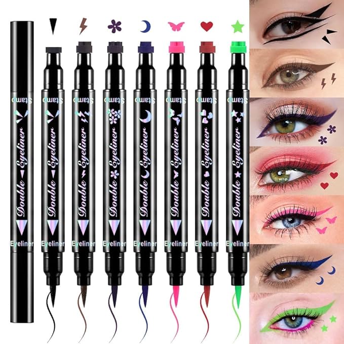 7Pcs Colored Liquid Eyeliners with Face Stamps – Black Brown Purple Blue Red Pink Green Star Flower Heart Moon Triangle Stamps for Cosplay & Gothic Makeup – Beginner-Friendly (multicolor-7Pcs-set01)