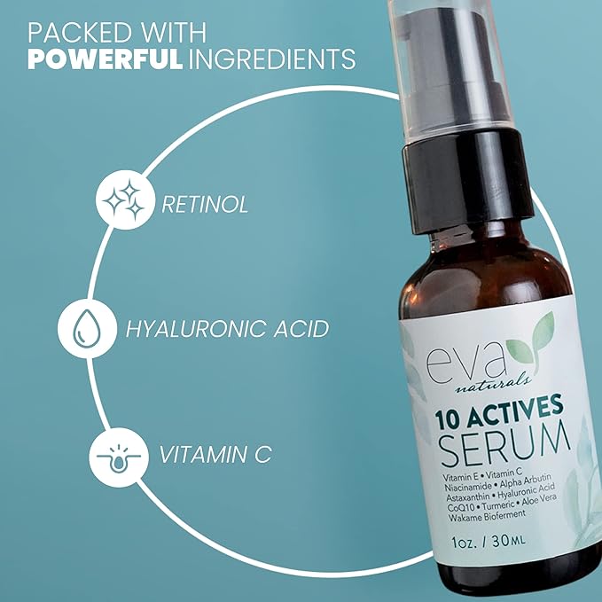 Eva Naturals 10 Actives Serum – Vitamin C, Niacinamide, Hyaluronic Acid, Turmeric, CoQ10 – Natural Anti Aging Face Serum for Dark Spots, Wrinkles, Acne, Skin Care & Facial Spot Remover