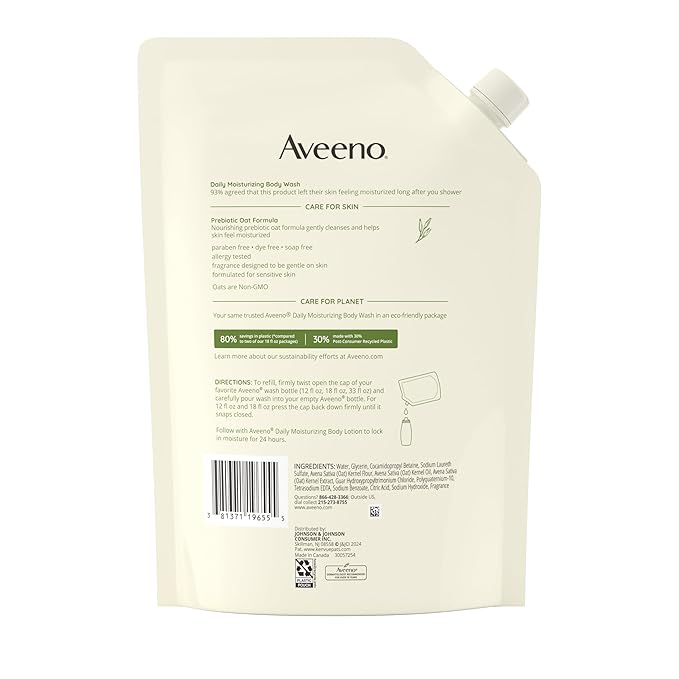 Aveeno Daily Moisturizing Body Wash for Sensitive Skin + Prebiotic Oat, Gently Cleanses, Nourishes & Feels Moisturizing Dry Skin, Light Fragrance, Refill Pouch, 36 fl. oz