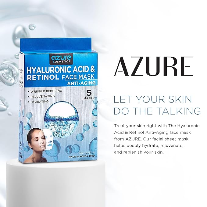 Azure Cosmetics Hyaluronic Acid & Retinol Anti Aging Face Mask - Dermatologist Tested - Rejuvenating & Hydrating - Helps Reduce Fine Lines & Wrinkles, Smooths & Repairs - Korean Skin Care - 10 Pack