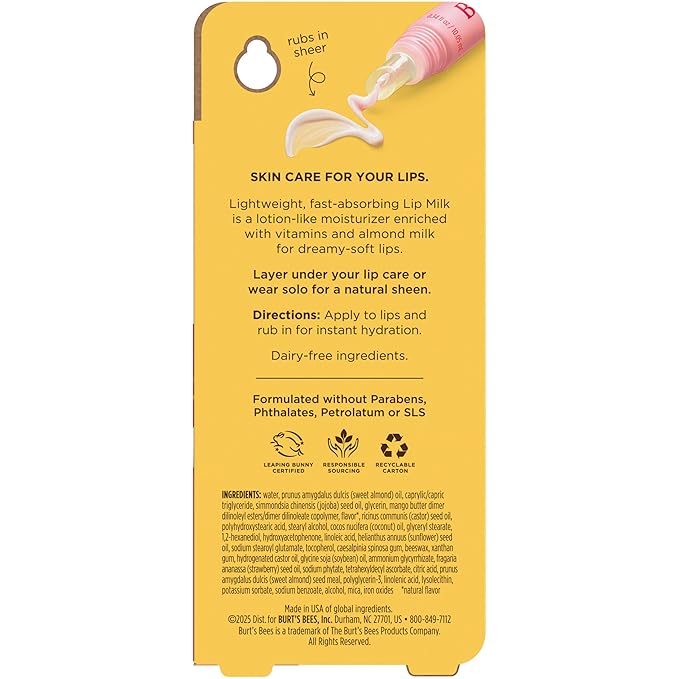 Burt’s Bees Lip Milk, Daily Lip Moisturizer, Sweet Strawberry, Vitamin Enriched Moisturizing Lip Balm with Almond Milk and Jojoba Oil, Hydrating for Softer Lips, 1 Tube, 0.34 Fl Oz