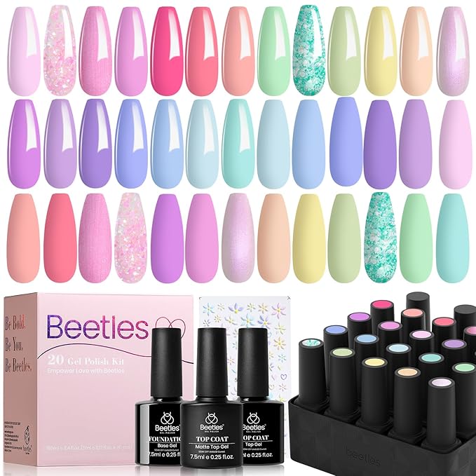 Beetles Pink Gel Nail Polish Set, 20 Color Macaron Colors Bright Pink Green Pastel Nail Polish Kit with Base Gel Glossy & Matte Top Coat Soak off Uv Nail Art Halloween Gifts for Women