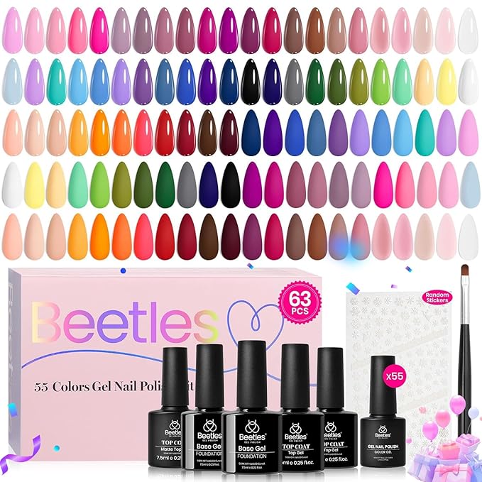 Beetles Fall Gel Nail Polish Set - 63 PCS 55 Colors Gel Polish Kit with 5 Bottles of Base Glossy Matte Top Coat Soak off Nail Polish Set Orange Brown Pink Green Blue Red Halloween Gifts for Women
