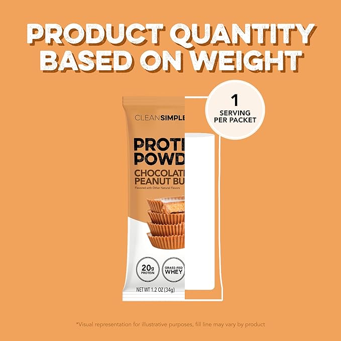 Clean Simple Eats Whey Protein Powder, Chocolate Peanut Butter Flavor Naturally Sweetened, 100% Grass Fed Protein Powder with Digestive Enzymes & No Artificial Ingredients, Gluten Free, 10 Stick Packs