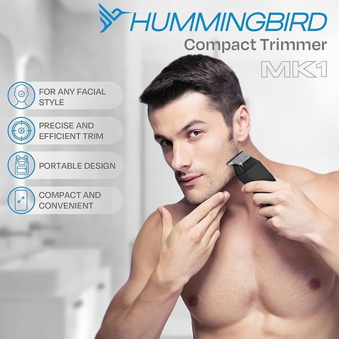 HUMMINGBIRD™ MK1 Compact Trimmer – Portable Electric Beard & Body Hair Trimmer for Men, Cordless USB-C Rechargeable, Face & Body Groomer, Travel Shaver, Travel Pouch, Great Gifts for Men, Dad, Husband