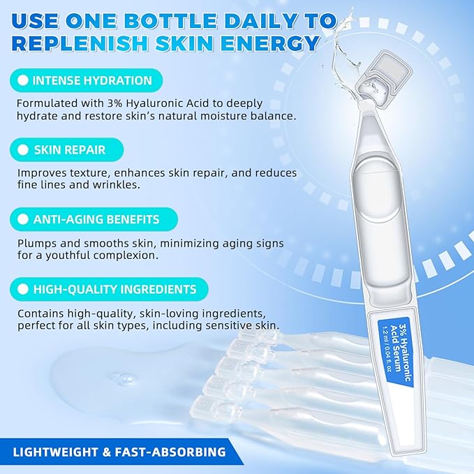 30pcs 3% Hyaluronic Acid Ultra Hydrating Serum, Anti-Aging Serum Intensive Hydration, improves skin texture, minimizes fine lines, improve dryness and dehydration for all skin types