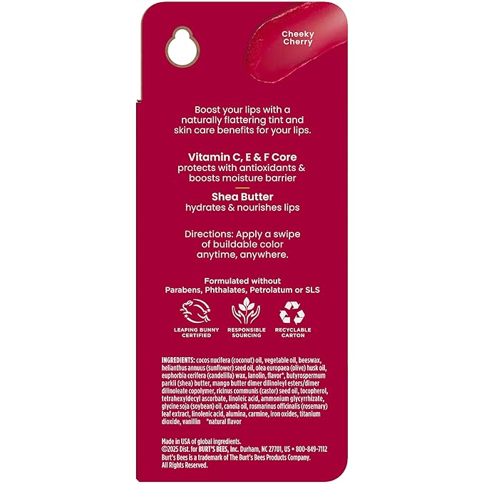 Burt’s Bees Tinted Boosted Balm, Cheeky Cherry, Hydrating Tinted Lip Balm with Vitamin C, E, and F Core, 24 Hour Lip Moisturizer with Responsibly Sourced Beeswax, 100% Natural Origin, 1 Count, 0.16oz