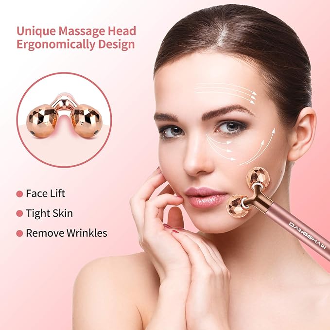 2-IN-1 Electric Face Massager Roller 24k Rose Gold Face Roller, 3D Roller and Unique Crescent Shape Facial Roller Massager Kit Arm Eye Nose Massager Skin Care Tools