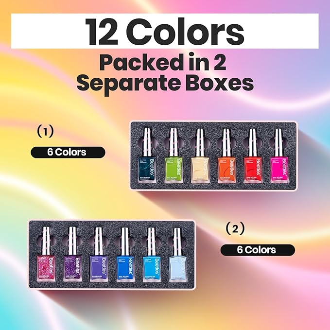 Beetles Quick Dry Nail Polish Set - Glitter Neon Nail Polish Kit 12 Colors Pink Green Blue Yellow Red Regular Air Dry Fingernail Polish Pack for Women Gift Beetles 12 ColorsS