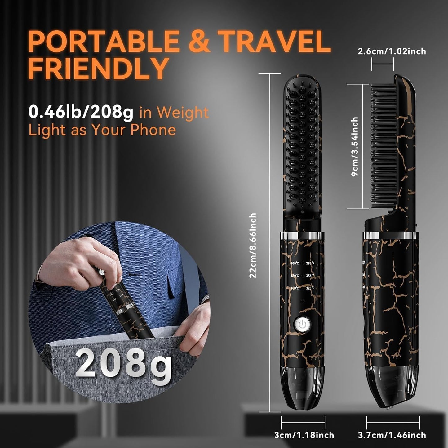 Beard Straightener for Men, Cordless Heated Beard Brush, Portable Beard Hot Combs, Ionic Mini Hair Straightener with 3 Temp Settings, Coarse Curly Hair Brush, Grooming Kit for Men