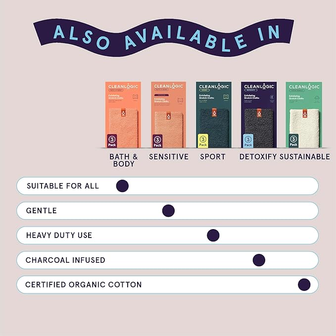 Cleanlogic Body Exfoliating Cloth, Stretchy Detox Charcoal Infused Exfoliator Bath and Shower Washcloths, Reusable Daily Skincare Tool, 3 Count Value Pack