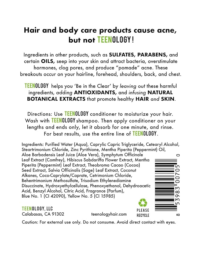 Teenology Conditioner for Teens - Avoid Forehead and Body Acne - Sulfate and Paraben Free, Noncomedogenic, Natural Botanical Extracts, Sweet Mint - 16 oz.