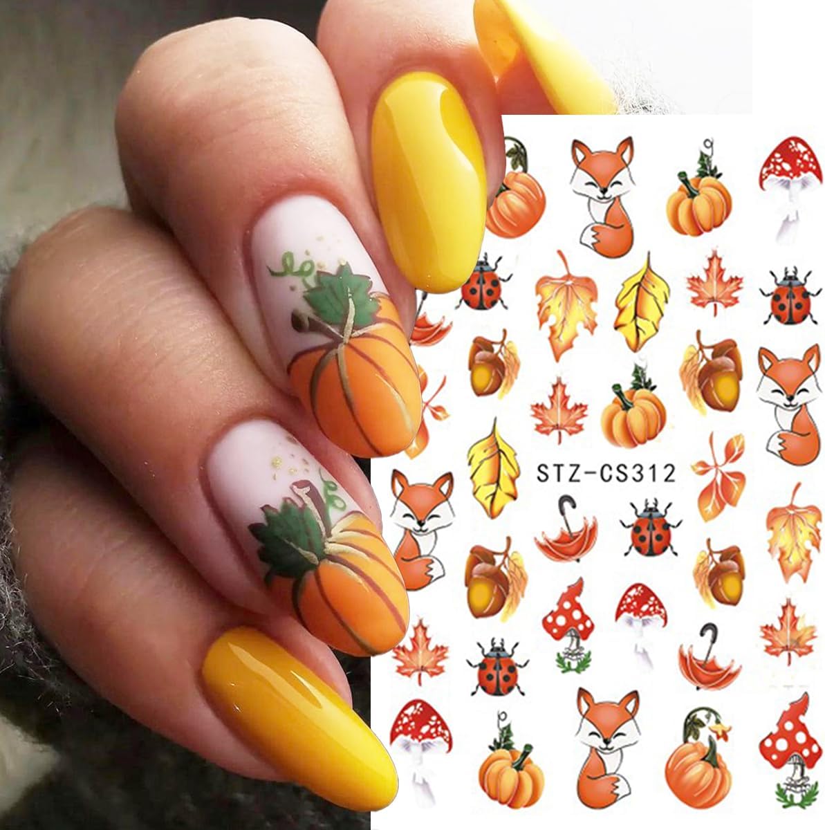 8Sheets Thanksgiving Nail Stickers Autumn Nail Art Stickers Maple Leaves Nail Decals Red Orange Leaf Fox Pumpkin Nut Flower Design 3D Self Adhesive Stickers for Nail Women Decor Manicure Supplies