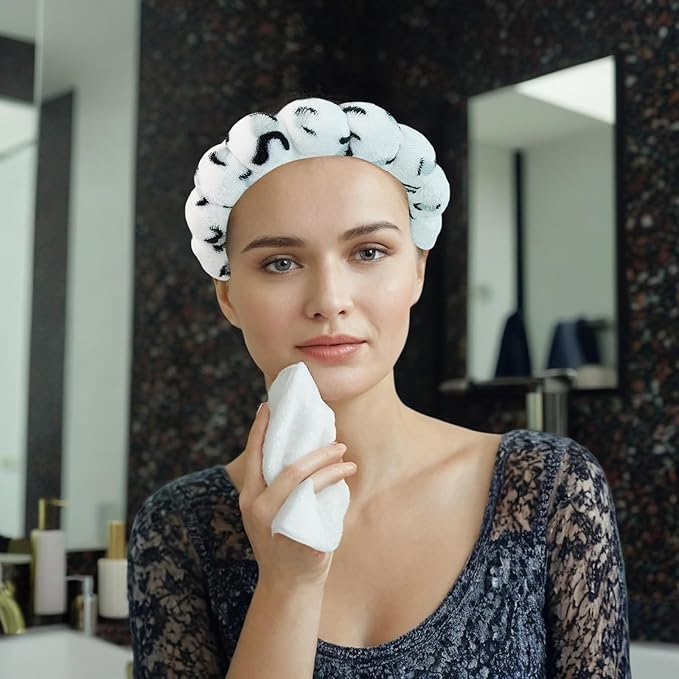 7 Pcs Spa Set, Facial Headband and Wristband Set, Skincare Accessories, College Style Girl Gift, Hair Accessories for Women and Girls( Black White Leopard Print )