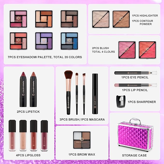 Color Nymph Girls Makeup Kits for Teen, Beginner Makeup Kit For Girls Non Toxic Makeup Set w/Train Case 24pcs Cosmetics Eyeshadow Lipstick Lipgloss Blush Mascara Eyeliner For Tweens Girl/Lady