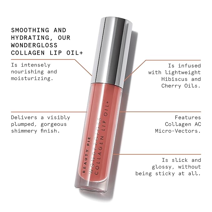 Beauty Pie Wondergloss Collagen Lip Oil + Nude Nectar 0.13 fl oz – Hydrating, Plumping, Non‑Sticky Lip Oil Gloss Hybrid with Collagen AC Micro‑Vectors & Cherry Hibiscus Oils