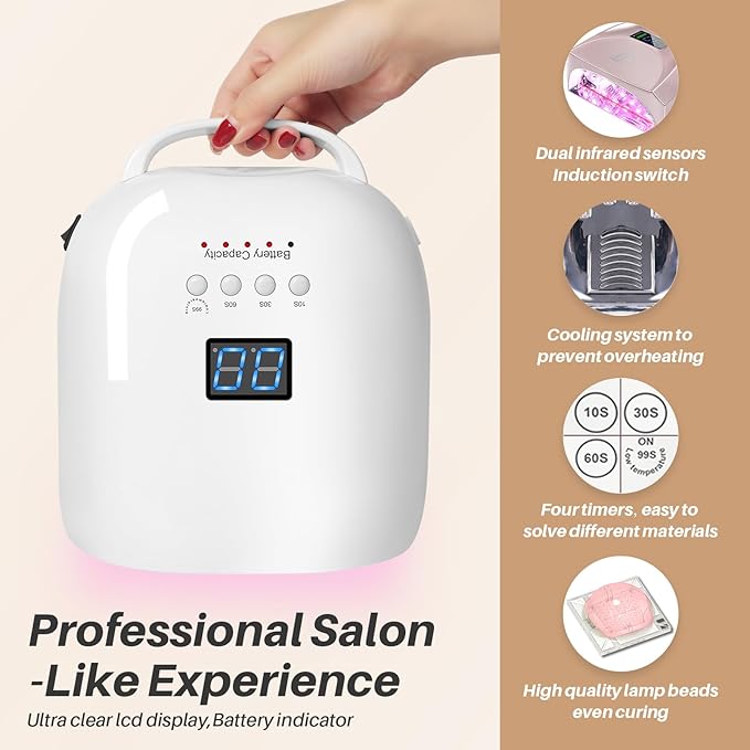 Upgraded Professional Rechargeable UV LED Nail Lamp with 4 Timer Setting and Long Battery Life Nail Dryer, Fast Dry, Electroplated Glossy Inner Surface,White JC22-Pro