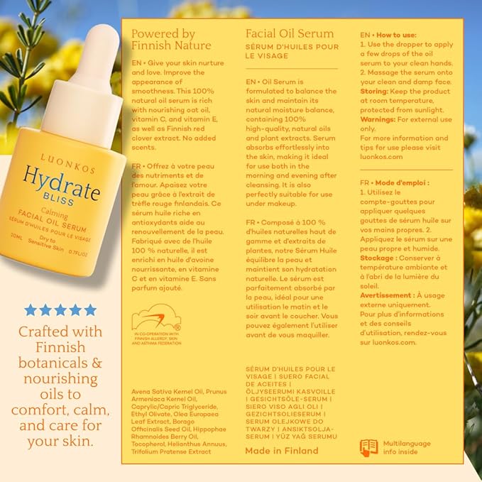 Bliss Facial Serum, Oil-Based Alternative to Vitamin C Serum for Face – Smooth Hydrating Serum with Vitamin E, Almond Oil, Squalane, Flower Extracts - For Dry and Sensitive Skin - 20ml