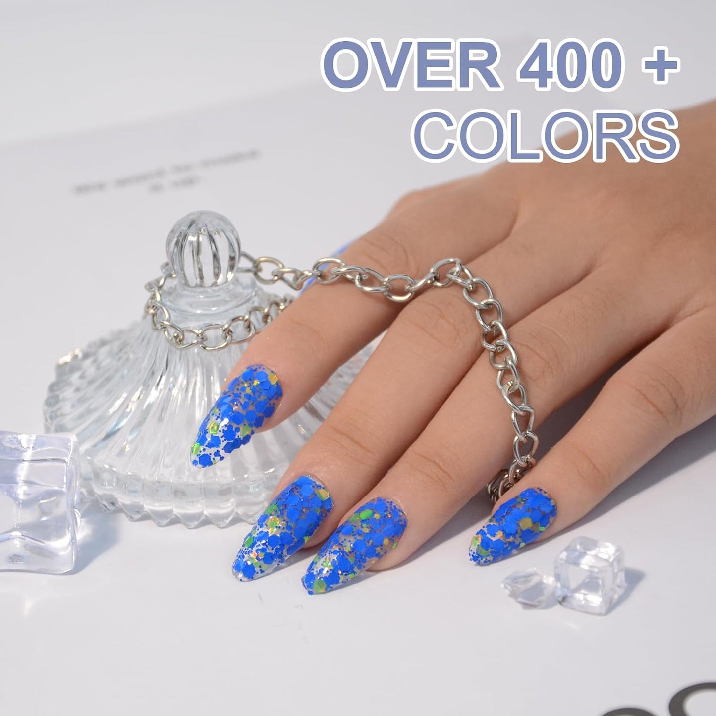 Dopamine Nail Dip Powder - Blue Glitter Hexagon Sequins Paillette Dip Powder Nails - Long-lasting, No UV Light Needed