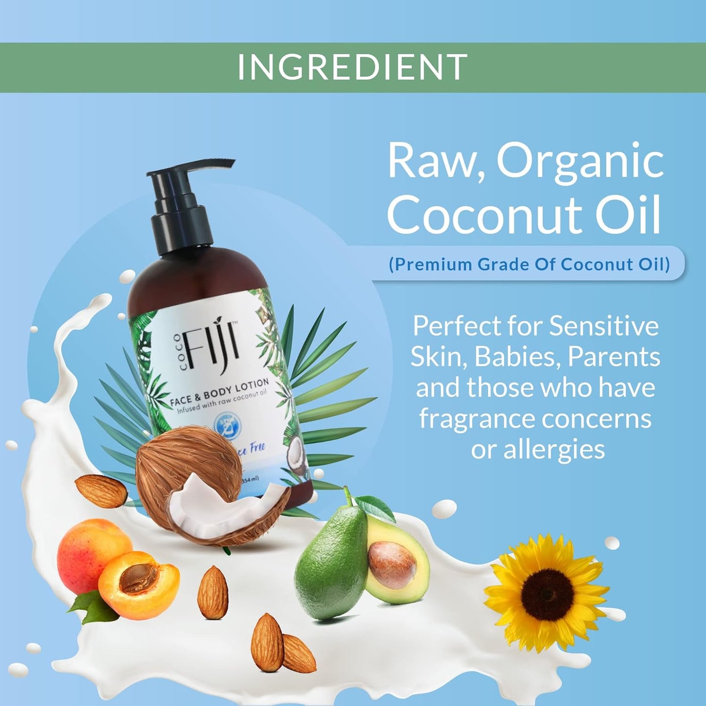 Coco Fiji Face & Body Lotion Infused With Coconut Oil | Lotion for Dry Skin | Moisturizer Face Cream & Massage Lotion for Women & Men | Fragrance Free 12 oz, Pack of 1