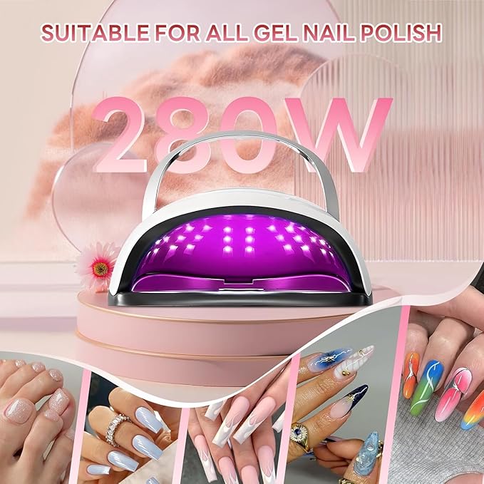 280W UV LED Nail Lamp, Nail Dryer for Gel Polish with 66pcs Lamp Beads and Automatic Sensor 4 Timer Setting Professional Nail Art Tools