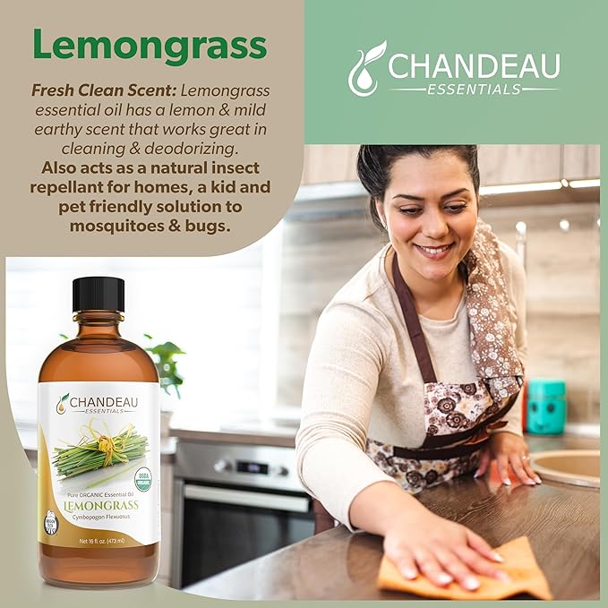 100% Pure Organic Essential Oil, Pure Lemongrass Essential Oil for Aromatherapy, Soap Making, Candles, Laundry, Perfume, Cleaners or Diffusers - Large Amber Glass Bottle, 16 oz.