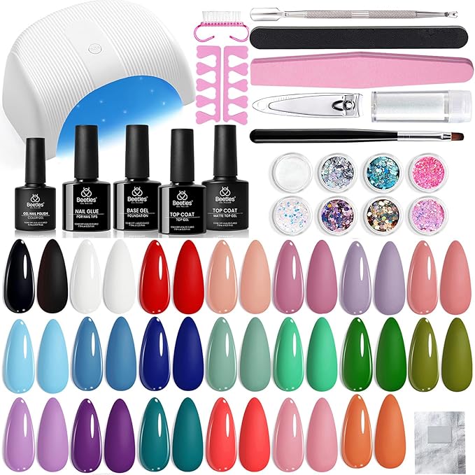 Beetles Gel Nail Polish Kit with U V Light: 34pcs Gel Polish Set Popular 20 Colors with Base Matte & Glossy Top Coat, Medium Coffin Press on Nails Accessories DIY Salon Gifts for Women Teen Girls