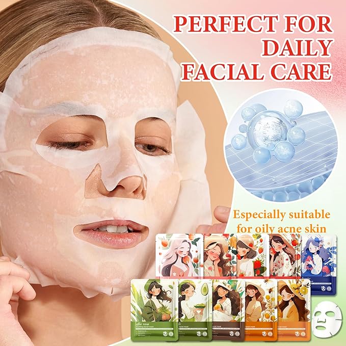 10 Pack Variety Facial Sheet Masks Skin Care Set, Hydrating Bulk Sheet Face Masks Skincare Gifts Set for Women Men, Long Lasting Moisturizing Face Mask Skincare for All Skin Type(02)