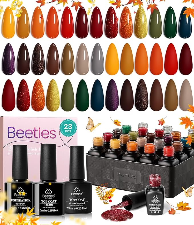 Beetles Fall Gel Nail Polish Set - Cozy Campfire Gel Polish Set 20 Colors Orange Yellow Green Brown Red Soak Off Uv Lamp Need Base Glossy Matte Top Coat Manicure Kit Gift for Girls Women
