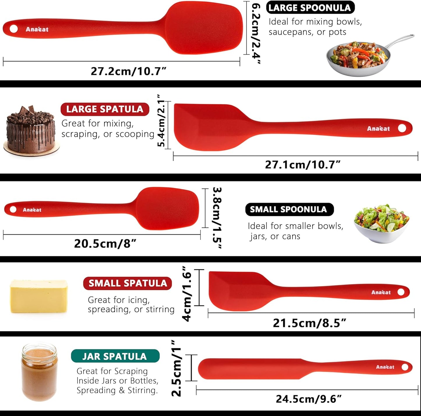 Anaeat Silicone Spatula Set of 5 - Seamless One-Pieces Design, Non-Stick Rubber Spatulas BPA Free Kitchen Scraper Flexible for Easy Baking, Cooking, Scraping & Mixing, Heat Resistant & Dishwasher Safe