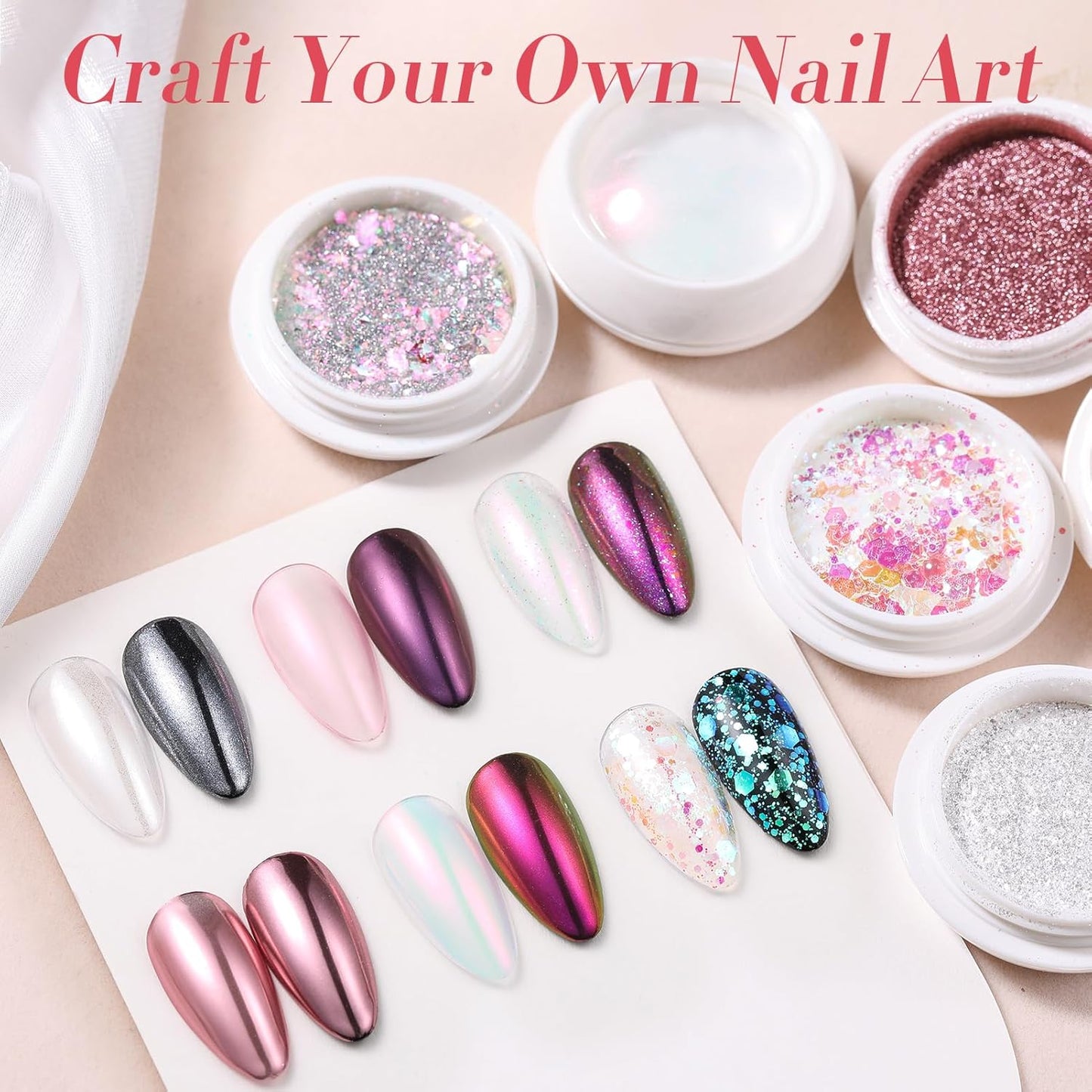 Born Pretty Pink Chrome Nail Powder Metallic Mirror Glitter Sequins Holographic Aurora Pigment Powder Manicure Nail Art Decoration Sets 6 Boxes