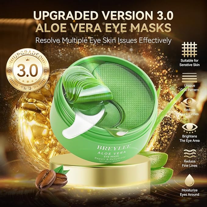 BREYLEE Renewal Care Kit with Aloe Vera Eye Masks – 60 Pcs & Renewing Serum, Under Eye Patches For Puffy Eyes,Hydrates, Improves And Firms The Eye Area, Suitable For Both Women And Men