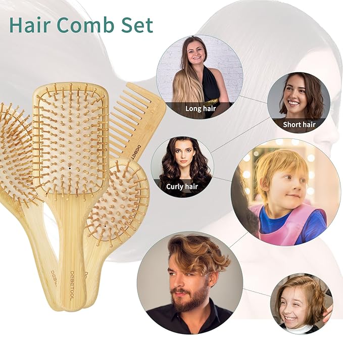 Bamboo Hair Brush Set, Natural Wooden Bamboo Comb Paddle Detangling Hairbrush for Hair Growth - Wide-tooth and Tail Comb Suitable for Thick/Thin/Curly/Dry Hair