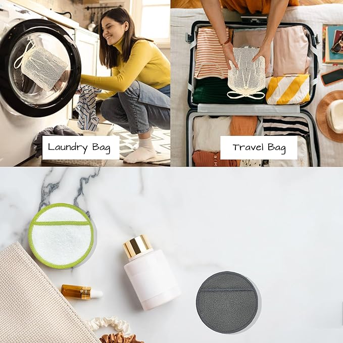 Chloven Reusable Cotton Rounds 16 Pack - Machine Washable Bamboo Charcoal Makeup Remover Pads for Face, Bamboo Terry Face Wipes Reusable Makeup Pads with Laundry Bag