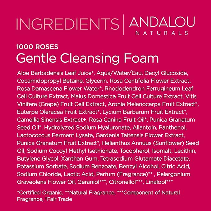 Andalou Naturals 1000 Roses Gentle Cleansing Foam | Foaming Face Wash with Rose Stem Cells & Organic Aloe Leaf Juice | Hydrating Daily Cleanser for Sensitive Skin | 5.5 fl oz