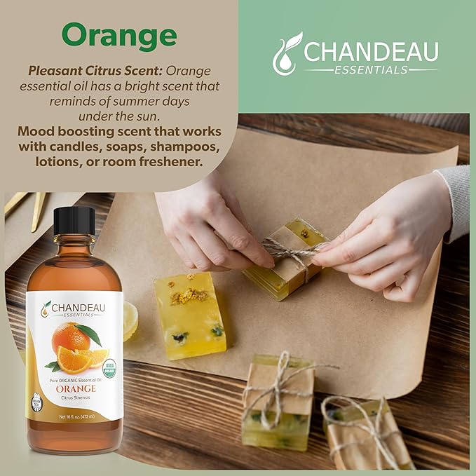 100% Pure Organic Essential Oil, Pure Orange Essential Oil for Aromatherapy, Soap Making, Candles, Laundry, Perfume, Cleaners or Diffusers - Large Amber Glass Bottle, 16 oz.