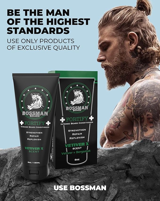Bossman Fortify Intense Beard Conditioner for Men (Vetiver X Scent) – Moisturizes, Replenishes & Protects with Natural Ingredients – Thicker Formula, Made in USA