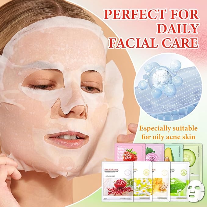 8 Pack Variety Facial Sheet Masks Skin Care Set, Hydrating Bulk Sheet Face Masks Skincare Gifts Set for Women Men, Long Lasting Moisturizing Face Mask Skincare for All Skin Type(01)