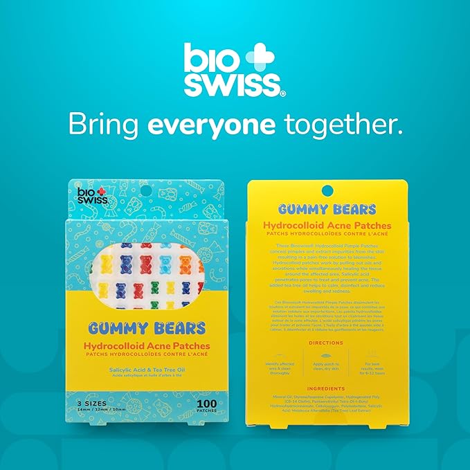 BioSwiss Pimple Patches, Gummy Bears Patch for Zits and Blemishes, Hydrocolloid Spot Stickers for Face and Skin, 100 Count