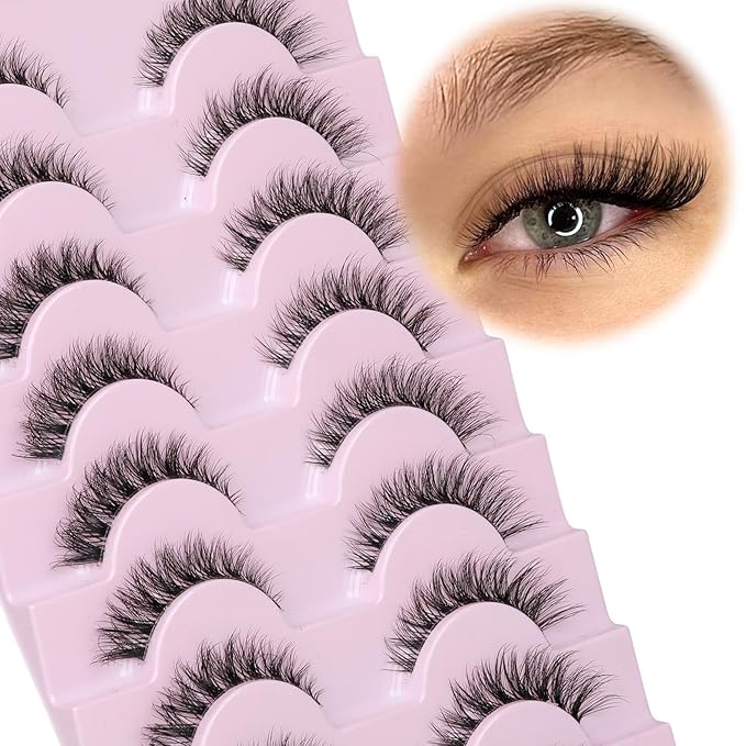 Cat Eye Lashes 8 Pairs Mink False Eyelashes Natural Look Soft Faux Mink Lashes Fluffy Wispy Lashes Handmade Lightweight Fox Eye D Curl Comfortable Clear Band Eyealshes