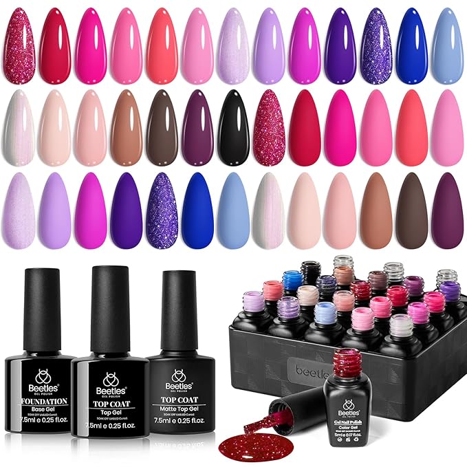 Beetles Pink Gel Nail Polish, Red Purple Nude Blue Glitter 20 Colors Gel Polish Set Romance Rebellion with Base & Top Coat, Soak off Uv LED Cured Nail Art Design Salon Home Gift for Women